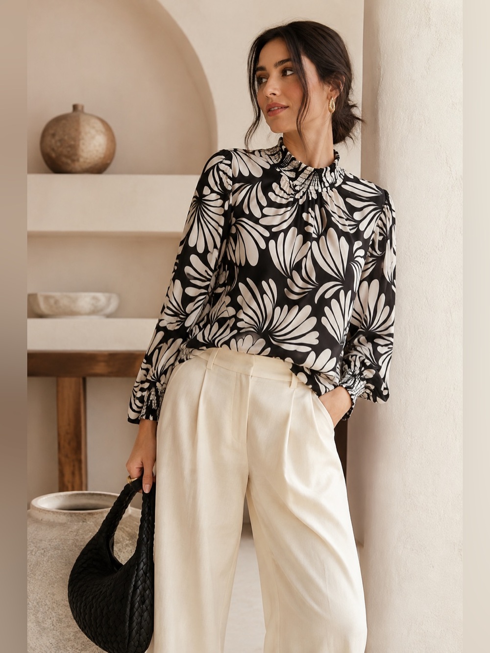 Anthropologie Velvet by Graham & Spencer Leonie Palm Print Long-Sleeve Blouse XL